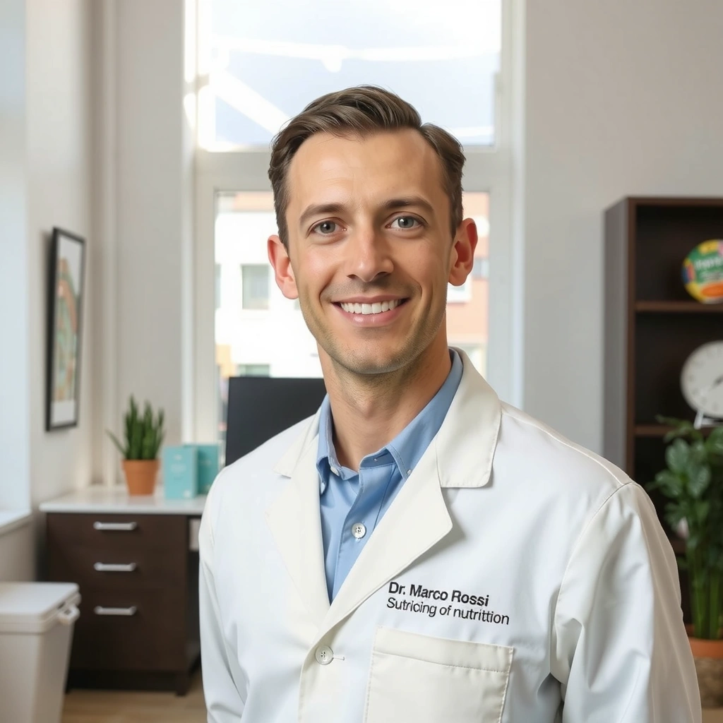 Ritratto professionale del Dr. Marco Rossi, nutrizionista sorridente