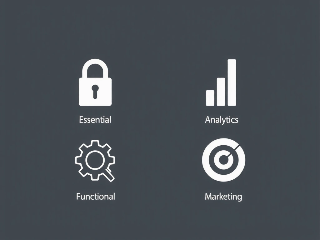 Icone che rappresentano diverse categorie di cookie: essenziali, analitici, funzionali e di marketing