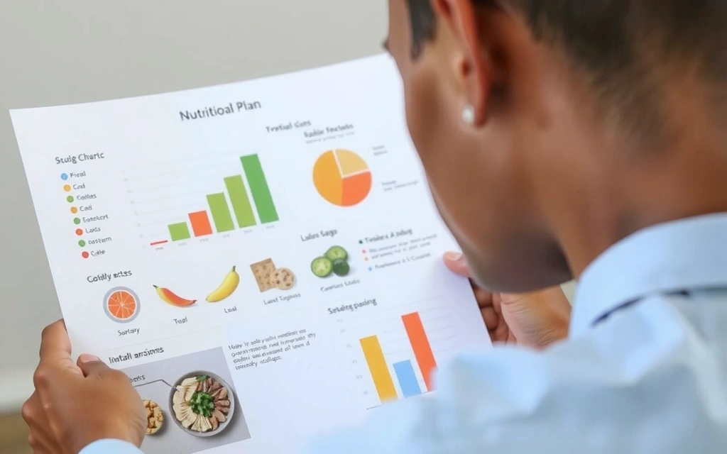 Persona che consulta un documento dettagliato con grafici e informazioni sulla nutrizione.