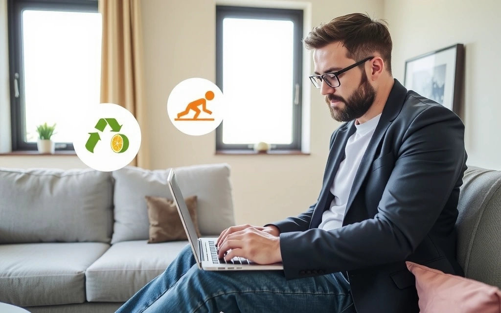 Uomo che lavora al computer con icone di supporto nutrizionale