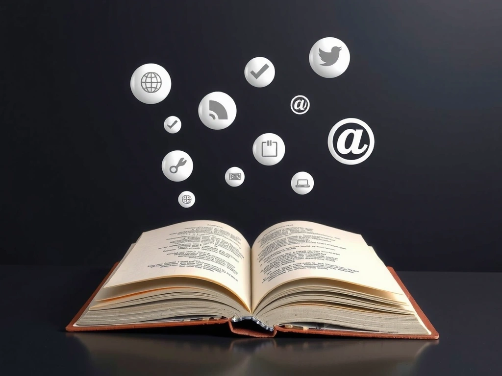 Libro aperto con simboli di nutrizione e icone di copyright che galleggiano intorno